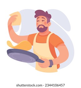 Man Character Doing Housework Frying Pancakes Vector Illustration svg