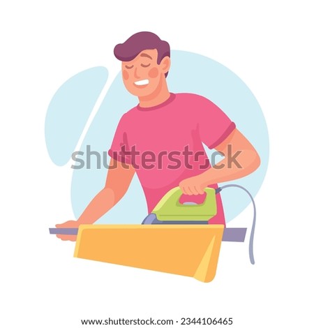 Man Character Doing Housework Ironing Clothes Vector Illustration