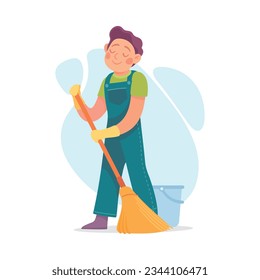 Man Character Doing Housework Sweeping the Floor with Broom in Gloves Vector Illustration