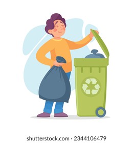 Man Character Doing Housework Throwing Garbage in Dustbin Vector Illustration