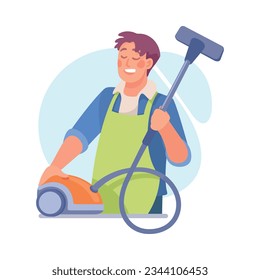 Man Character Doing Housework Vacuum Cleaning Vector Illustration