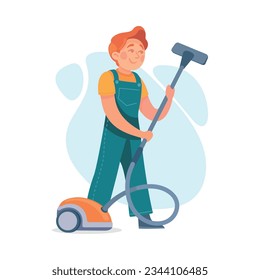 Man Character Doing Housework Vacuum Cleaning Vector Illustration