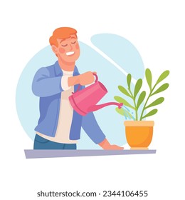 Man Character Doing Housework Watering Houseplant in Pot Vector Illustration