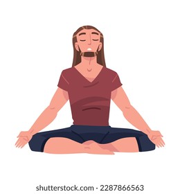 Man Character Doing Meditation Sitting in Lotus Pose Practicing Mindfulness Vector Illustration
