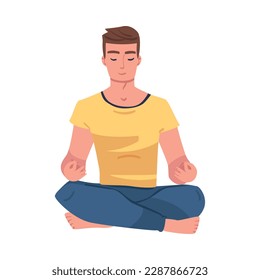 Man Character Doing Meditation Sitting in Lotus Pose Practicing Mindfulness Vector Illustration