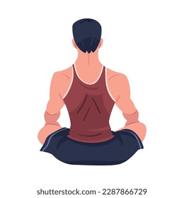 Man Character Doing Meditation Sitting in Lotus Pose Practicing Mindfulness Back View Vector Illustration