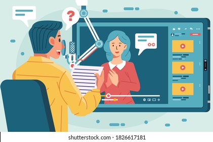 man character doing online interview podcast through video call in tablet with young woman vector illustration. used for web image, banner and other