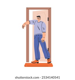 Man Character at the Door as Home Entrance Vector Illustration