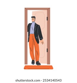 Man Character at the Door as Home Entrance Vector Illustration