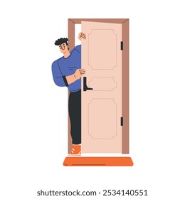 Man Character at the Door as Home Entrance Peeping Vector Illustration
