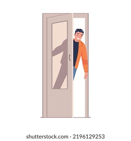 Man Character at the Door Opening It Entering Home Vector Illustration