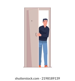 Man Character at the Door Opening It Entering Home Vector Illustration