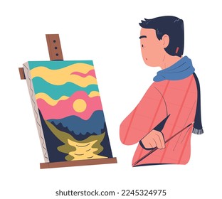 Man Character Drawing Nature Landscape Standing in Front of Easel Looking on Canvas Vector Illustration