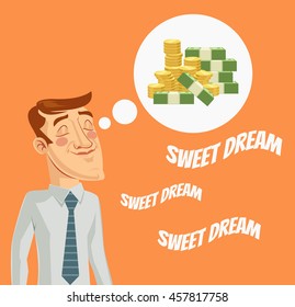 Man character dreaming about money. Vector flat cartoon illustration