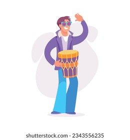 Man Character Dressed in Carnival and Party Outfit with Drum Vector Illustration