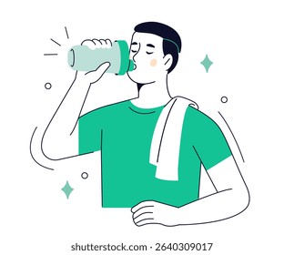 Man character drinking protein shake from shaker bottle after gym. Fitness and sport outline concept. Vector illustration.