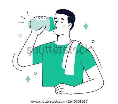 Man character drinking protein shake from shaker bottle after gym. Fitness and sport outline concept. Vector illustration.