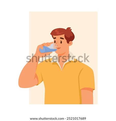 Man Character Drinking Pure Water Supports Immunity Engaged in Healthy Lifestyle Vector Illustration
