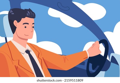 Man Character Driving Car Sitting on Driver Seat Inside Vehicle Vector Illustration
