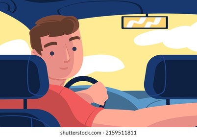 Man Character Driving Car Sitting on Driver Seat Inside Vehicle Vector Illustration