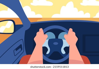 Man Character Driving Car Sitting on Driver Seat Inside Vehicle Vector Illustration