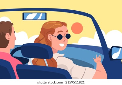 Man Character Driving Car Sitting on Driver Seat with Woman as Passenger Inside Vehicle Vector Illustration