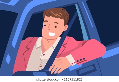 Man Character Driving Car Sitting on Driver Seat Inside Vehicle Vector Illustration
