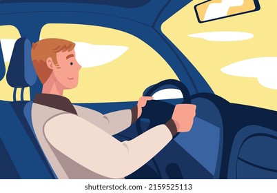 Man Character Driving Car Sitting on Driver Seat Inside Vehicle Vector Illustration