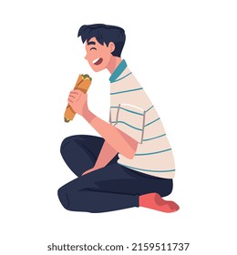 Man Character Eating Food at Home Sitting on the Floor with Burrito Vector Illustration
