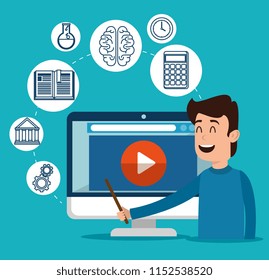 man character with education on line icons 