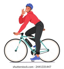 Man Character Effortlessly Glides Through The City Streets On Electric Bicycle, His Posture Relaxed, Enjoying The Quiet, Eco-friendly Ride Amidst The Urban Bustle. Cartoon People Vector Illustration