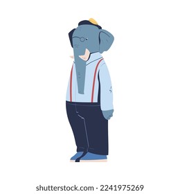 Man Character with Elephant Animal Head Standing Wearing Hat and Pants Vector Illustration