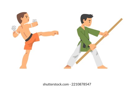 Man Character Engaged in Combat Sport or Fighting Sport Vector Set