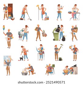 Personaje de hombre comprometido en la actividad doméstica y las tareas domésticas Vector Set