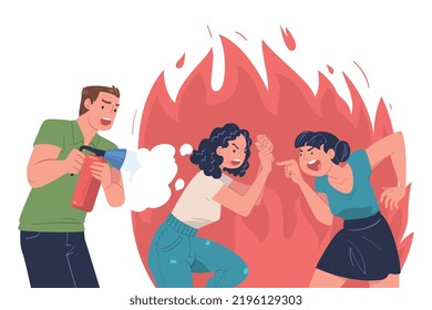 Man Character Extinguishing Burning Angry Shouting Woman Vector Illustration