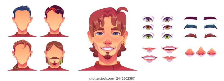 Conjunto de vectores de dibujos animados de construcción de avatar de cara de personaje de hombre. Peinado de persona masculina, color de ojos, ceja y labios constructor pack aislado sobre fondo blanco. Elemento creador de chico facial joven para el juego