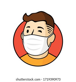 Man character face avatar in white medical mask. Stop the spread of viruses. Fallout boy profile. Male portrait. Human picture. Modern colorful style. Vector cartoon illustration. EPS 10.