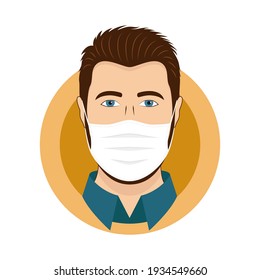 Man character face avatar in white medical mask. Stop the spread of viruses. Male portrait. Human picture. Modern colorful style. Vector cartoon illustration. EPS 10.