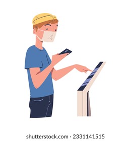 Man Character in Face Mask Using Information Board with Interactive Interface Vector Illustration