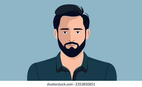 Man character face - Vector portrait picture of random handsome male person with beard looking in to camera with serious facial expression. Flat design illustration