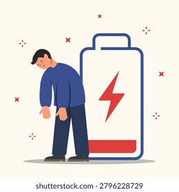 A man character feeling weak, low energy and emotional burnout. Tired sad young man