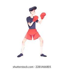 Man Character Fighting with Boxing Gloves Engaged in Sport Physical Activity Vector Illustration