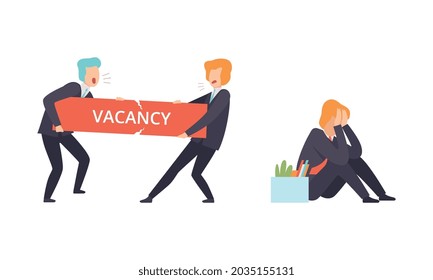 Man Character Fighting for Job Vacancy Pulling It Apart Vector Set
