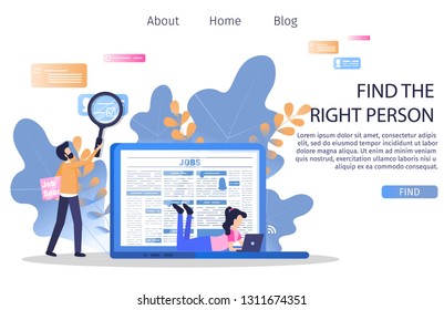 Man Character Find Right Person Employee Manager. Business Vacancy Online Presentation. Hr Agency Hire Female Employer. Employment Research Banner Flat Cartoon Vector Character Illustration