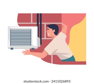 Man Character Fix and Repair Ventilation and Air Conditioner Vector Illustration