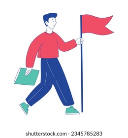 Man Character with Flag Moving Forward Achieving Goal Vector Illustration