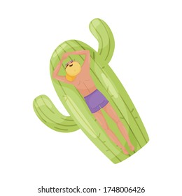 Carácter de hombre flotando sobre la masa inflable de goma de la forma de cactus en la ilustración del vector de la piscina