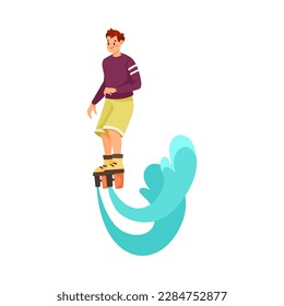 Man Character Flyboard with Turquoise Wave Doing Water Sport Activity Vector Illustration