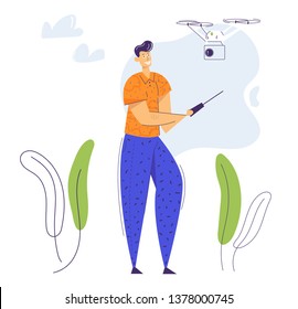 Man Character Flying Drone with Remote Control. Video Photo Camera Flight Gadget Technology. Man Woman Controlling Air Drone. Vector flat cartoon illustration