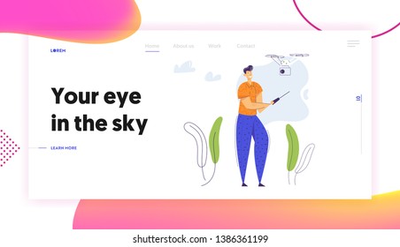 Man Character Flying Drone with Remote Control Landing Page Template. Video Photo Camera Flight Gadget Technology. Man Woman Controlling Air Drone Website Banner. Vector flat cartoon illustration